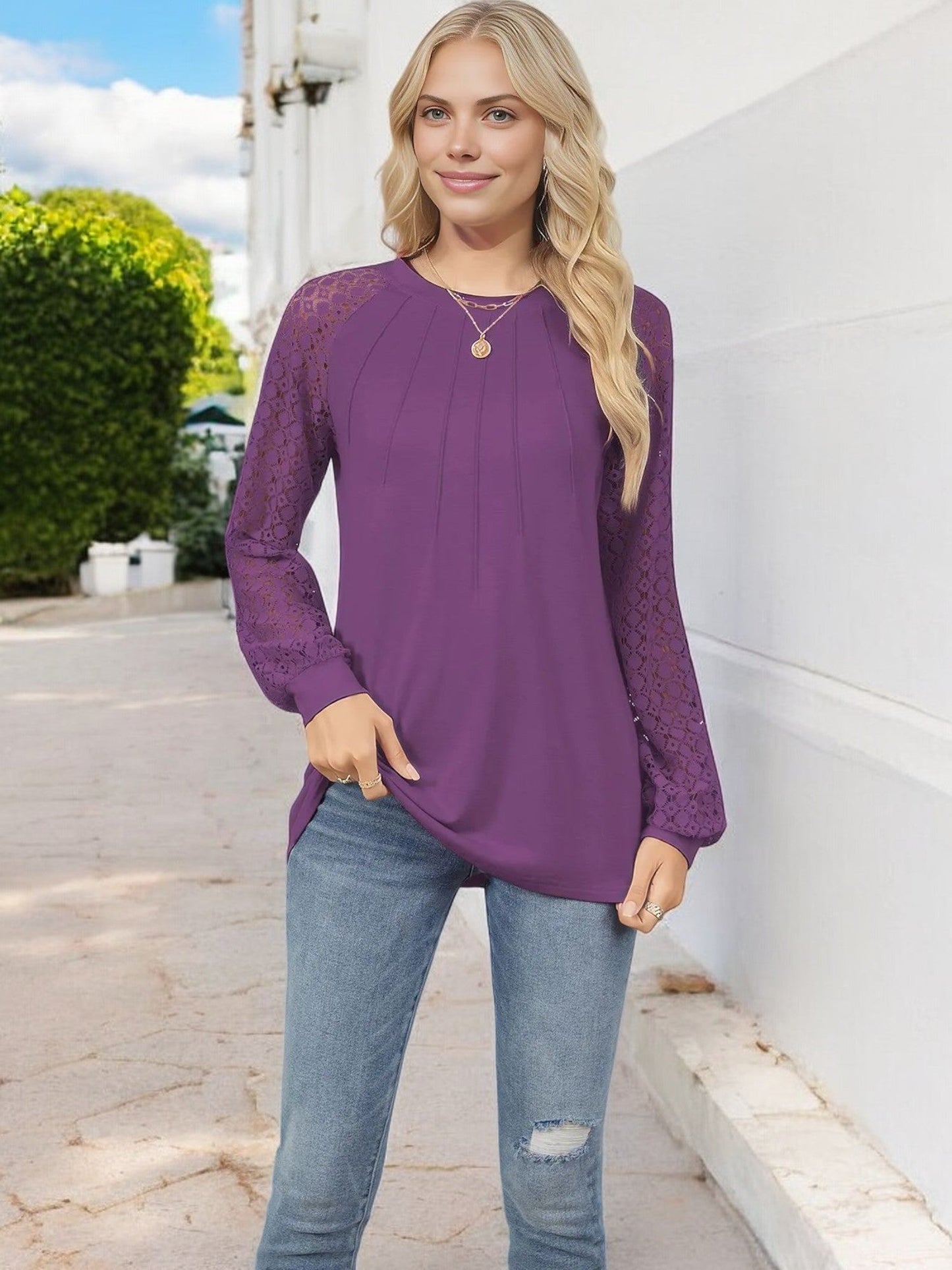 Women's Pleated Top with Lace Raglan Sleeves and Casual Fit