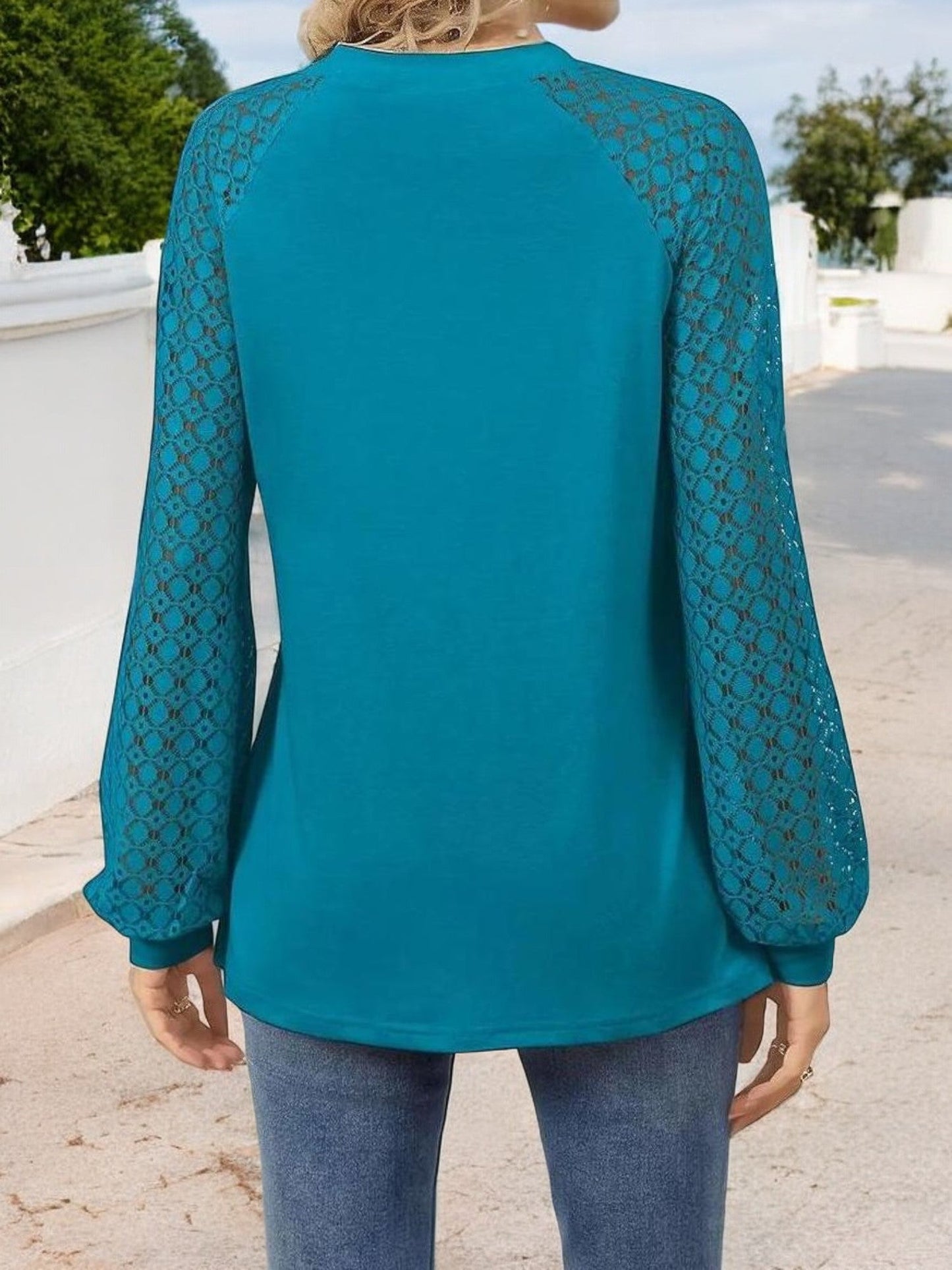 Women's Pleated Top with Lace Raglan Sleeves and Casual Fit