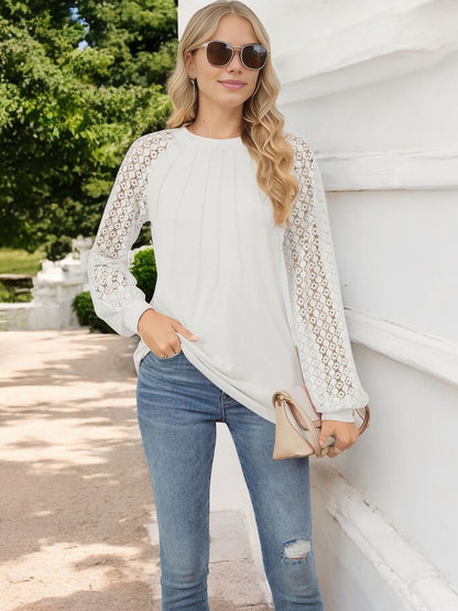 Women's Pleated Top with Lace Raglan Sleeves and Casual Fit