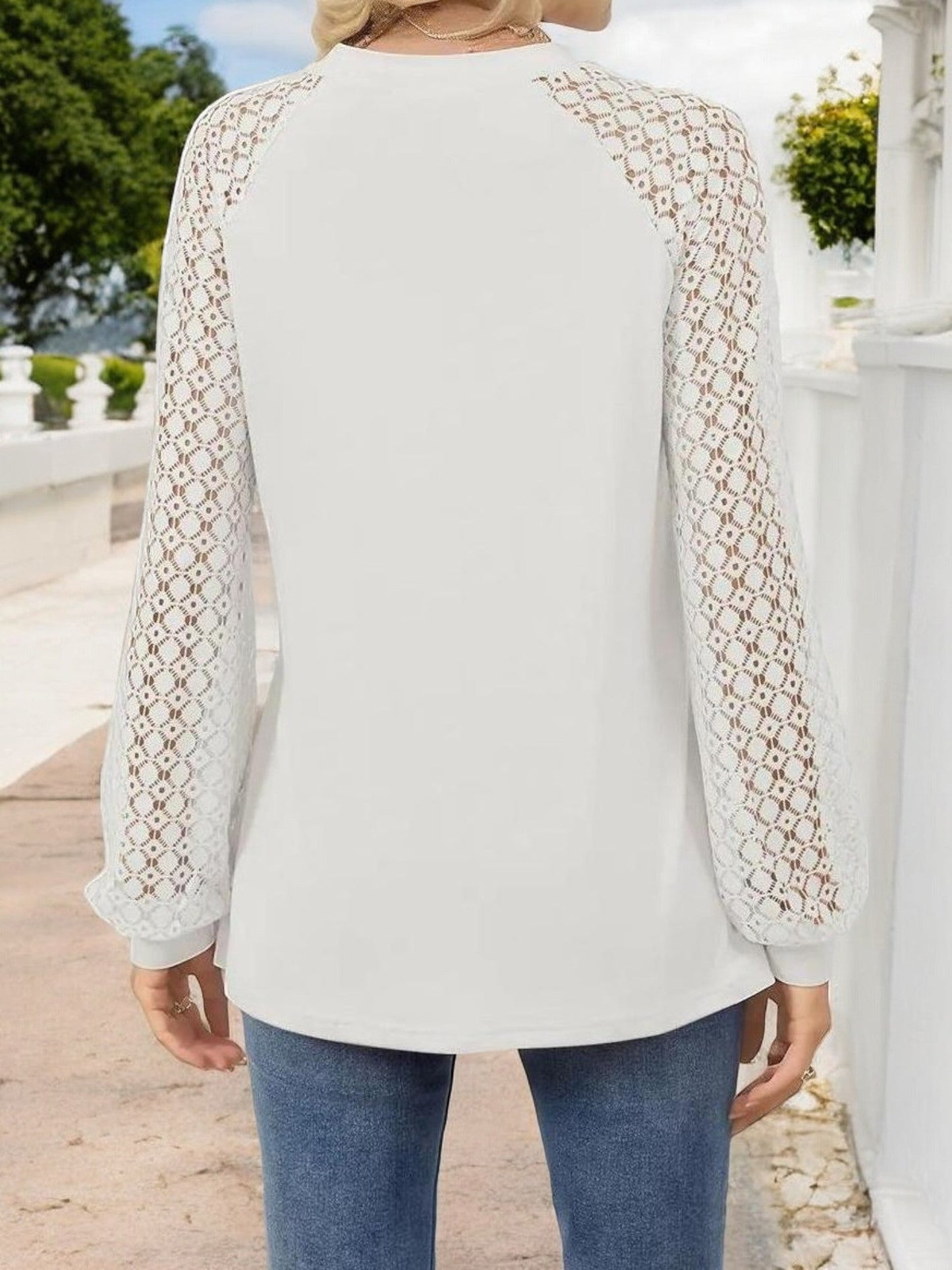 Women's Pleated Top with Lace Raglan Sleeves and Casual Fit