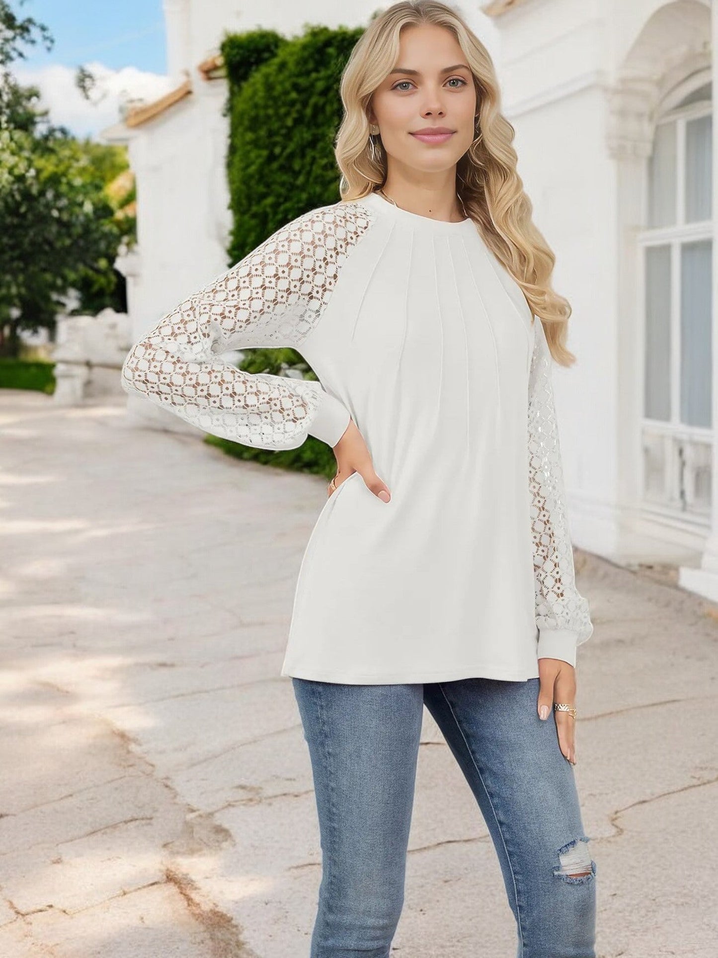 Women's Pleated Top with Lace Raglan Sleeves and Casual Fit