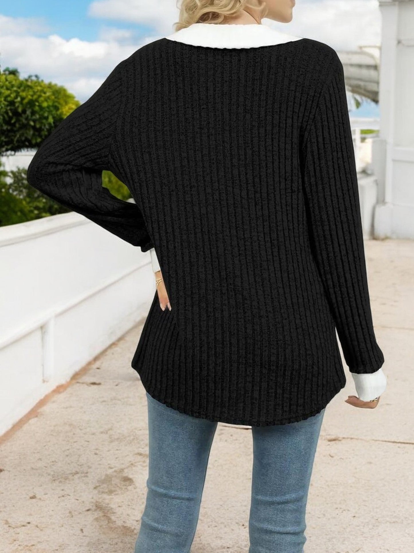 Women's Ribbed V-Neck Sweater with Contrast Collar and Cuffs