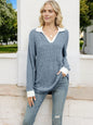 Women's Ribbed V-Neck Sweater with Contrast Collar and Cuffs