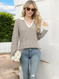 Women's Ribbed V-Neck Sweater with Contrast Collar and Cuffs