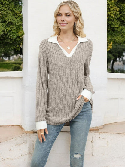 Women's Ribbed V-Neck Sweater with Contrast Collar and Cuffs