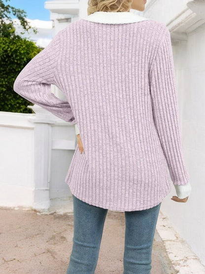 Women's Ribbed V-Neck Sweater with Contrast Collar and Cuffs