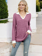 Women's Ribbed V-Neck Sweater with Contrast Collar and Cuffs