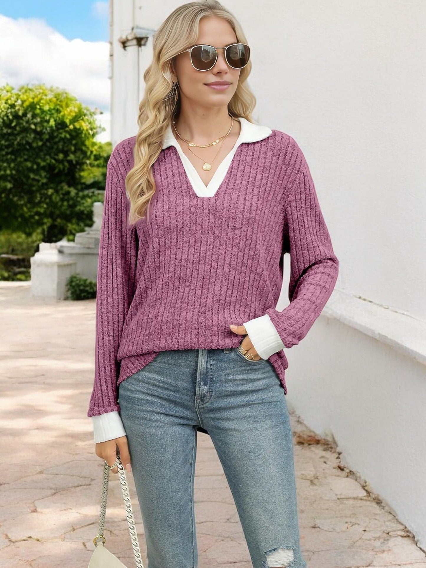 Women's Ribbed V-Neck Sweater with Contrast Collar and Cuffs