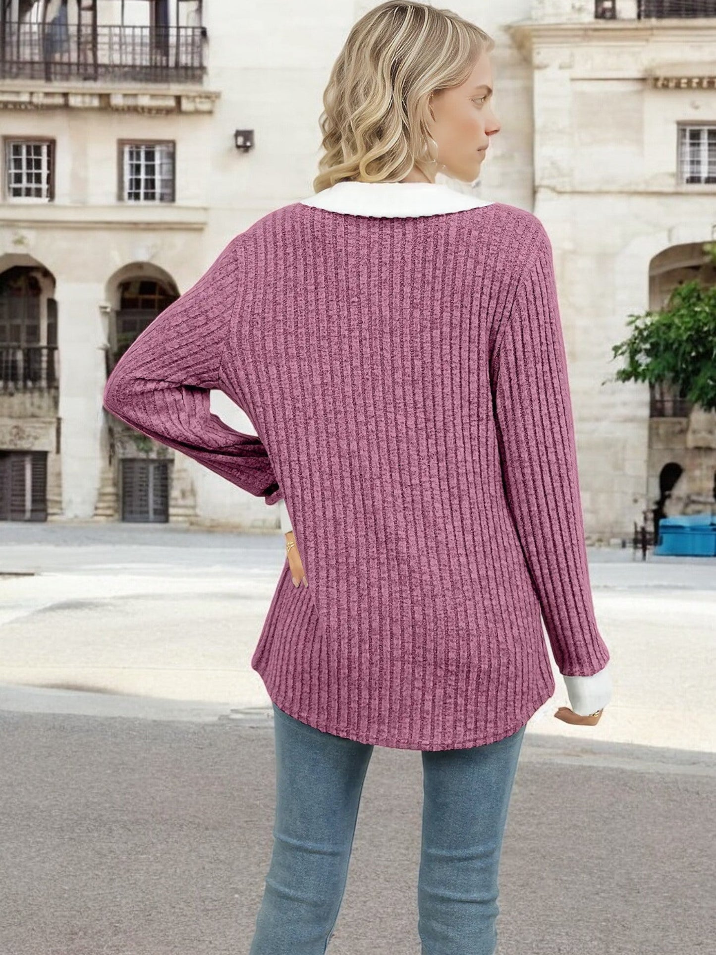 Women's Ribbed V-Neck Sweater with Contrast Collar and Cuffs