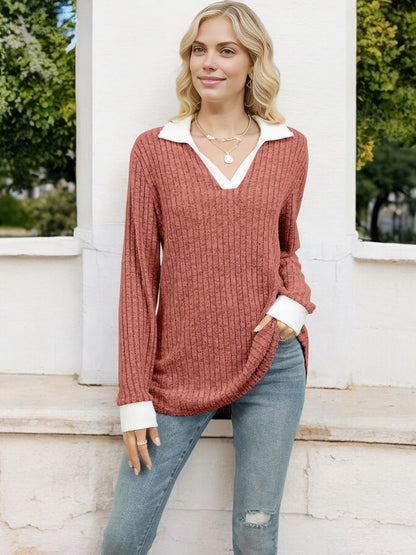 Women's Ribbed V-Neck Sweater with Contrast Collar and Cuffs