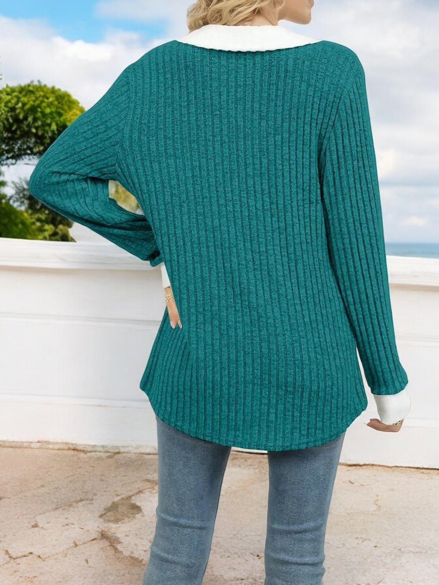 Women's Ribbed V-Neck Sweater with Contrast Collar and Cuffs