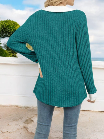 Women's Ribbed V-Neck Sweater with Contrast Collar and Cuffs