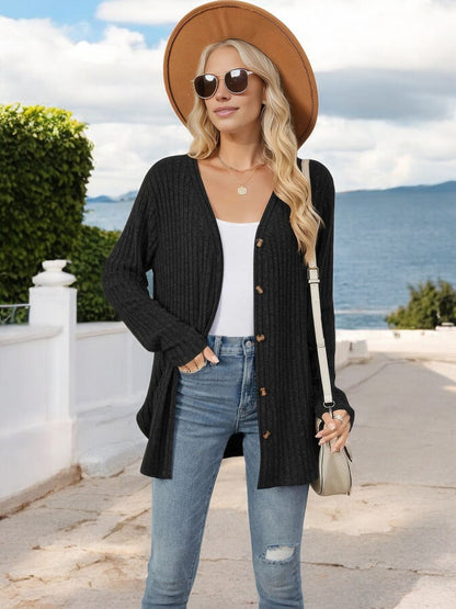 Women's Ribbed Button-Down Cardigan with Front Tie and V-Neck