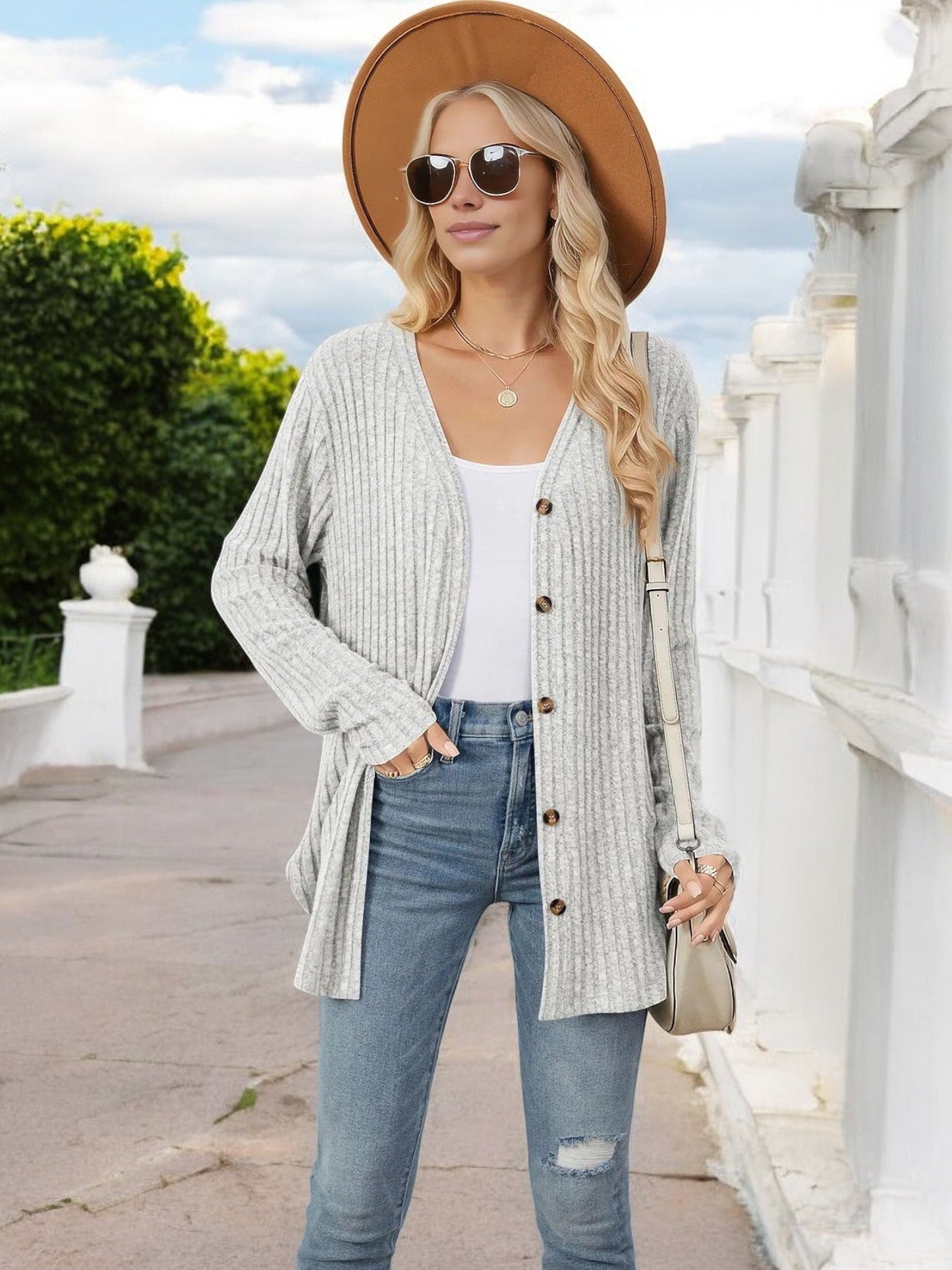 Women's Ribbed Button-Down Cardigan with Front Tie and V-Neck