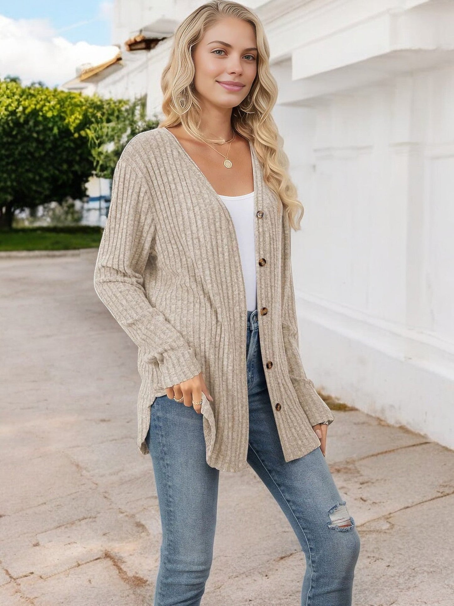 Women's Ribbed Button-Down Cardigan with Front Tie and V-Neck