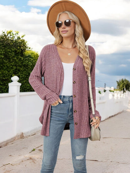 Women's Ribbed Button-Down Cardigan with Front Tie and V-Neck