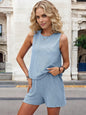 Women's Sleeveless Knit Top and High Waist Shorts Set with Ribbed Texture