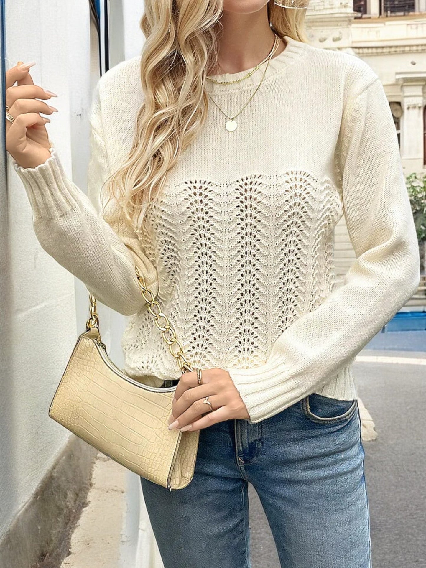 Women's Long Sleeve Knit Sweater with Wavy Crochet Front Detail