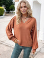 Women's V-Neck Long Sleeve Pullover Sweater with Raw Edge Details