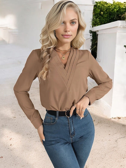 Women's Long Sleeve V-Neck Blouse with Layered Trim Detail