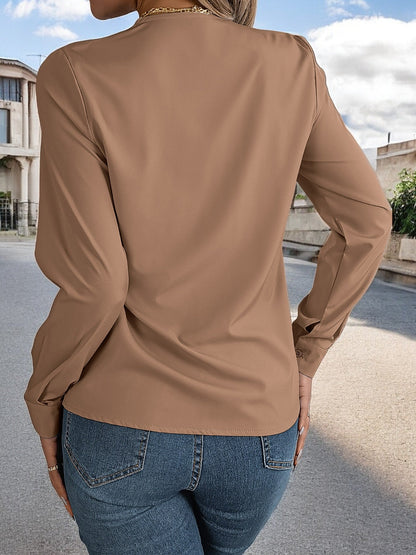 Women's Long Sleeve V-Neck Blouse with Layered Trim Detail