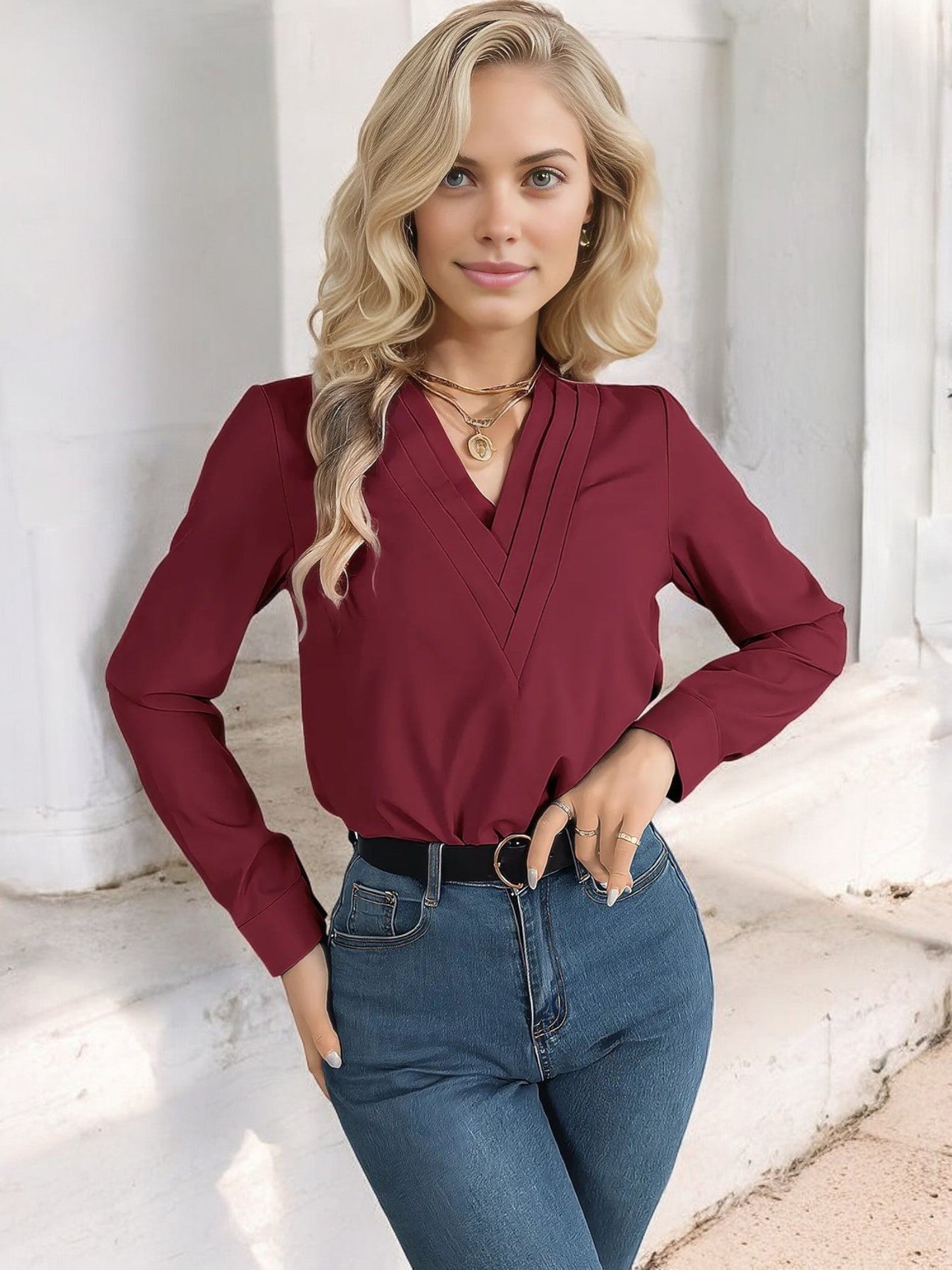 Women's Long Sleeve V-Neck Blouse with Layered Trim Detail