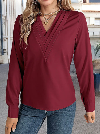 Women's Long Sleeve V-Neck Blouse with Layered Trim Detail