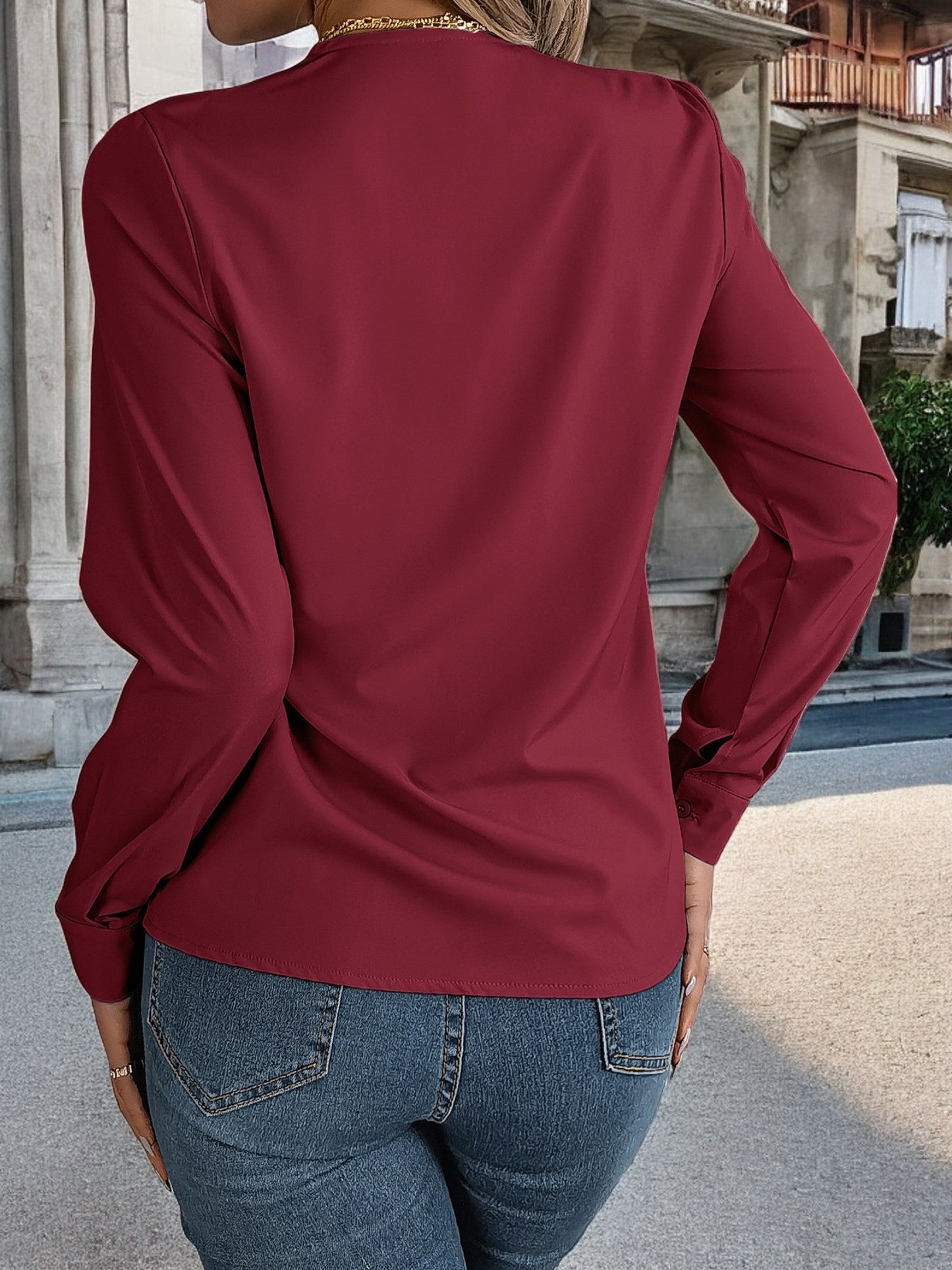 Women's Long Sleeve V-Neck Blouse with Layered Trim Detail