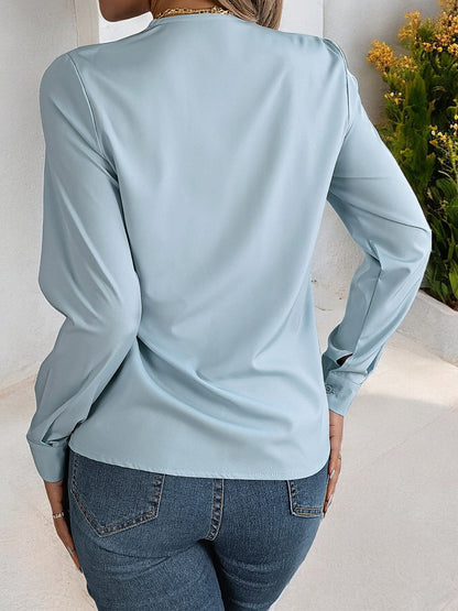 Women's Long Sleeve V-Neck Blouse with Layered Trim Detail