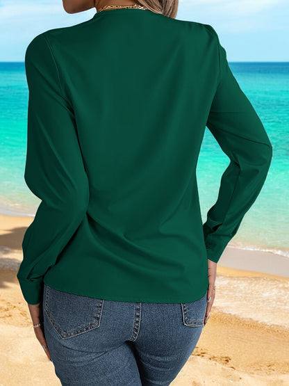 Women's Long Sleeve V-Neck Blouse with Layered Trim Detail