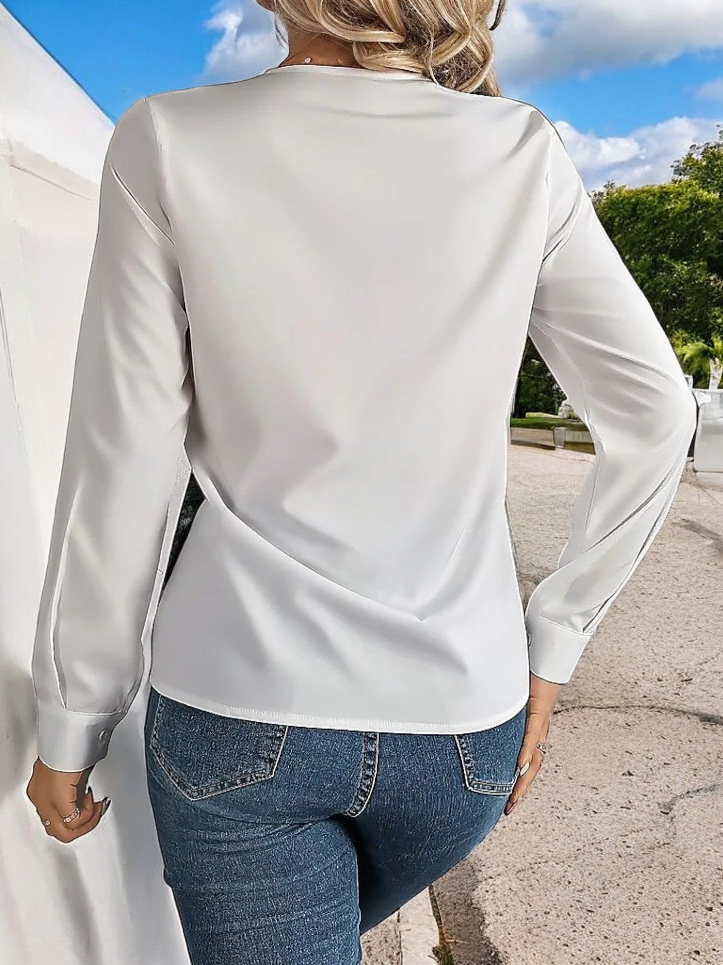 Women's Long Sleeve V-Neck Blouse with Layered Trim Detail