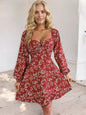 Women's Floral Long Sleeve Dress with Sweetheart Neckline and Tie Detail