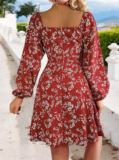 Women's Floral Long Sleeve Dress with Sweetheart Neckline and Tie Detail