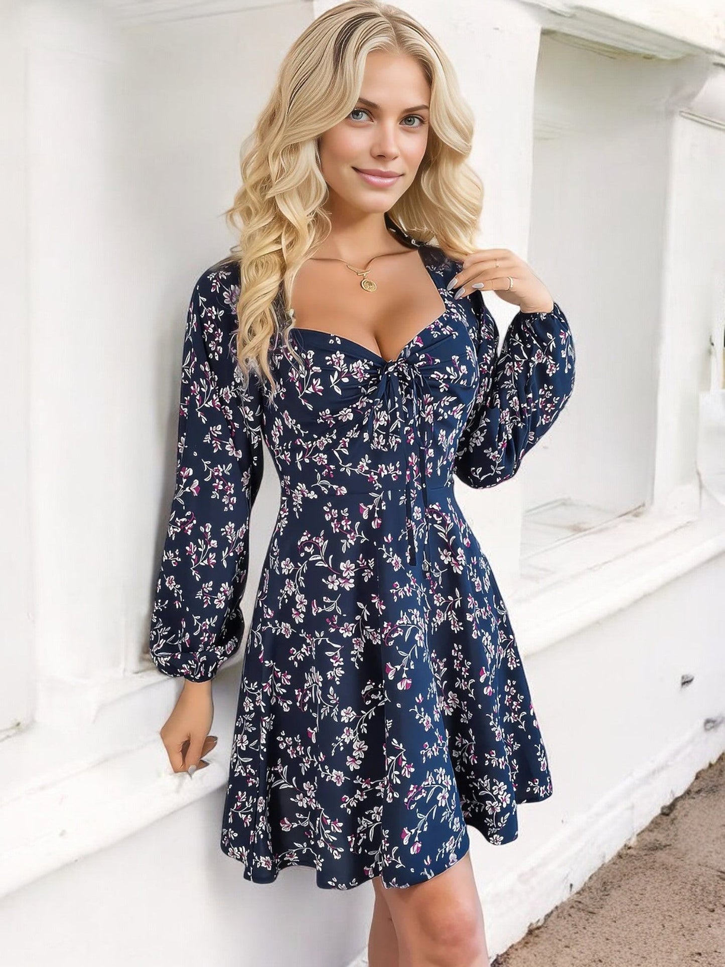 Women's Floral Long Sleeve Dress with Sweetheart Neckline and Tie Detail