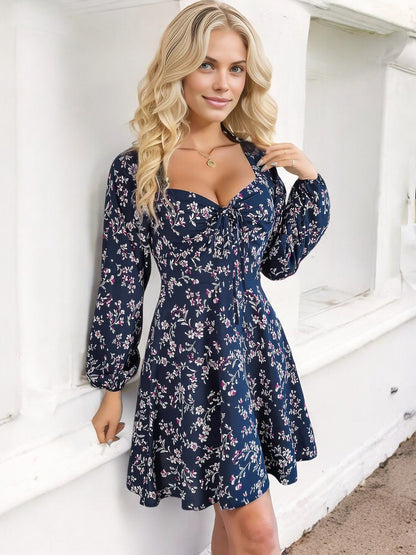 Women's Floral Long Sleeve Dress with Sweetheart Neckline and Tie Detail