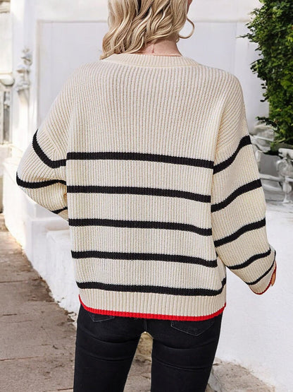 Women's Striped Knit Sweater with Contrast Cuffs and Relaxed Fit