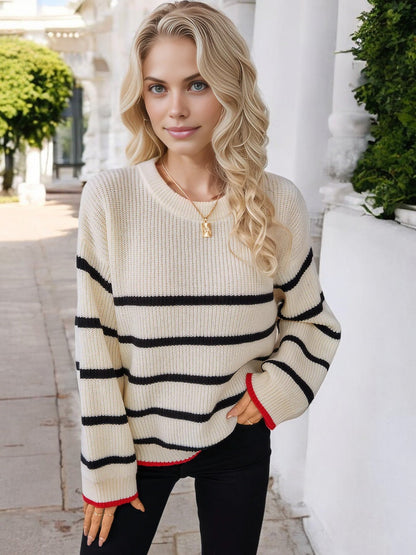 Women's Striped Knit Sweater with Contrast Cuffs and Relaxed Fit