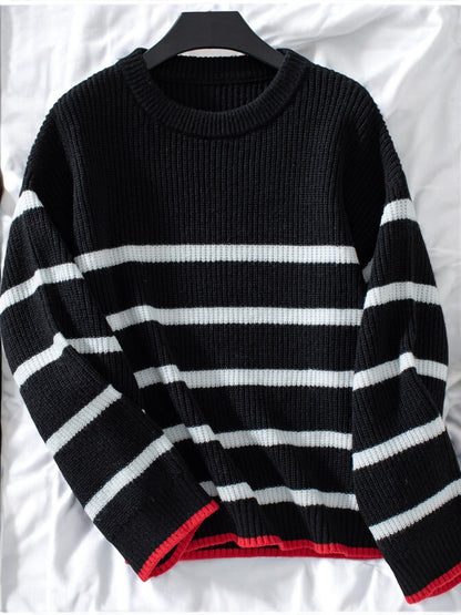 Women's Striped Knit Sweater with Contrast Cuffs and Relaxed Fit