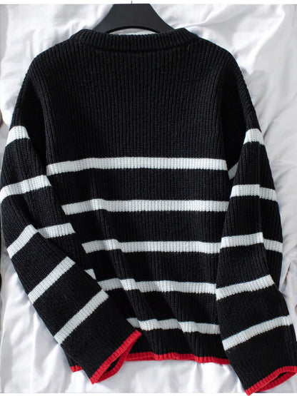 Women's Striped Knit Sweater with Contrast Cuffs and Relaxed Fit