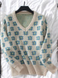 Women's Floral Print V-Neck Knit Sweater with Ribbed Cuffs