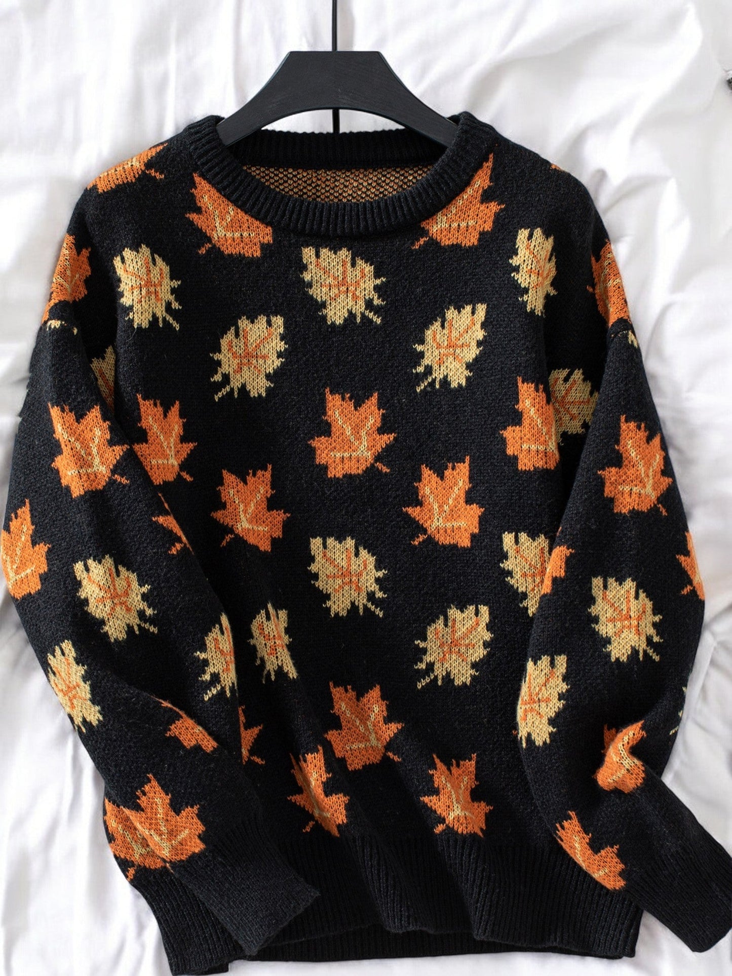 Women's Autumn Leaf Print Crew Neck Knit Sweater with Ribbed Cuffs