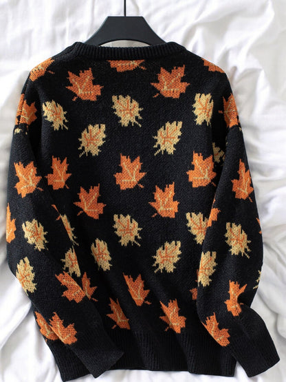 Women's Autumn Leaf Print Crew Neck Knit Sweater with Ribbed Cuffs