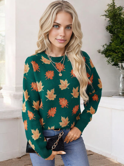 Women's Autumn Leaf Print Crew Neck Knit Sweater with Ribbed Cuffs