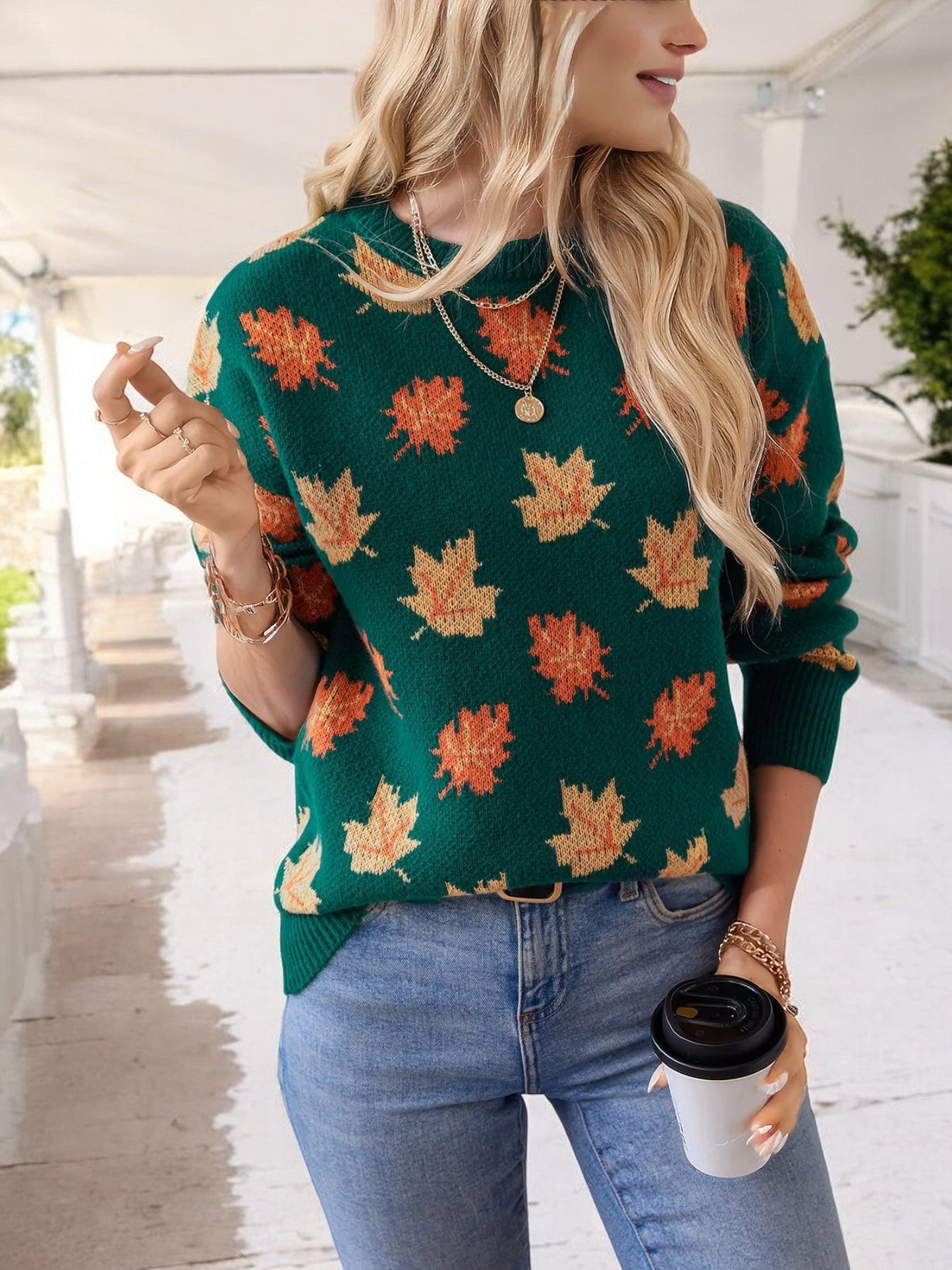 Women's Autumn Leaf Print Crew Neck Knit Sweater with Ribbed Cuffs