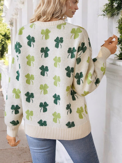 Women's Clover Print Crew Neck Sweater with Ribbed Cuffs and Hem