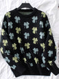 Women's Clover Print Crew Neck Sweater with Ribbed Cuffs and Hem