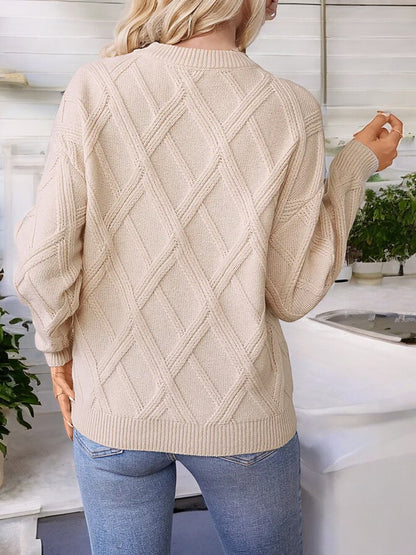 Women's Diamond Knit Pattern Sweater with Long Sleeves and Ribbed Cuffs