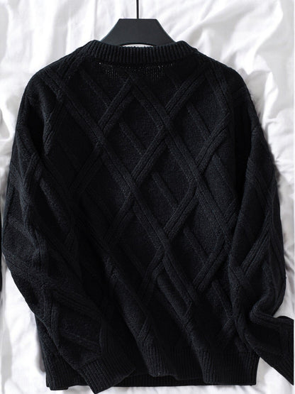 Women's Diamond Knit Pattern Sweater with Long Sleeves and Ribbed Cuffs