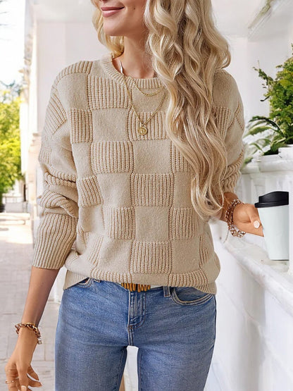 Women's Checkered Textured Knit Sweater with Long Sleeves and Crew Neck