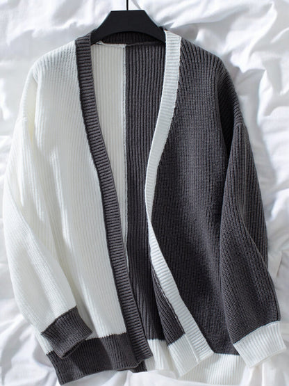 Women's Color Block Open Front Cardigan with Long Sleeves and Oversized Fit